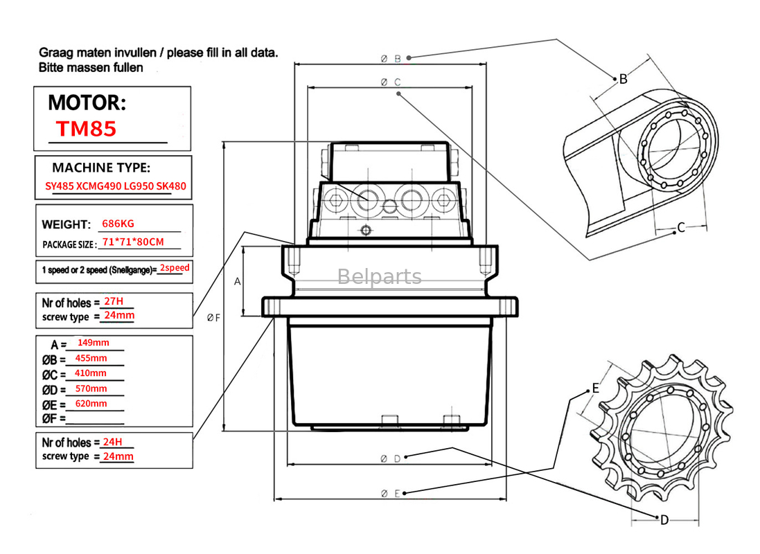 Belparts Excavator Travel Motor assy TM85 SY485 XCM490 LG950 SK480 Final Drive Assy per kobelco sany