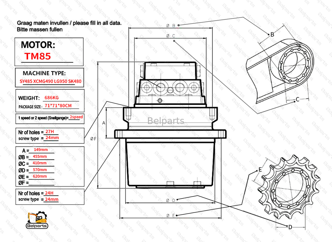 Belparts Excavator Travel Motor assy TM85 SY485 XCM490 LG950 SK480 Final Drive Assy per kobelco sany