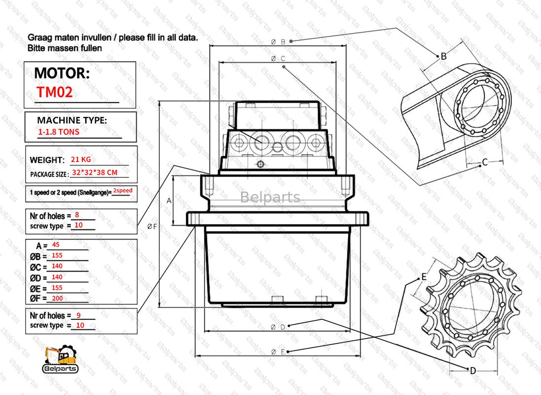 Belparts Yanmar B17.2 B19 B18EX VIO25 VIO30 VIO20.2 B15 YB121.2B Escavatore Motore idraulico per TM01 Final Drive